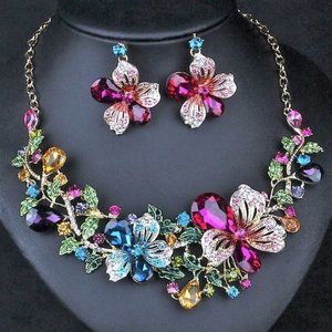 Superb FLORAL Bouquet RAINBOW Flower JEWEL Betsey Johnson Necklace Earrings SET